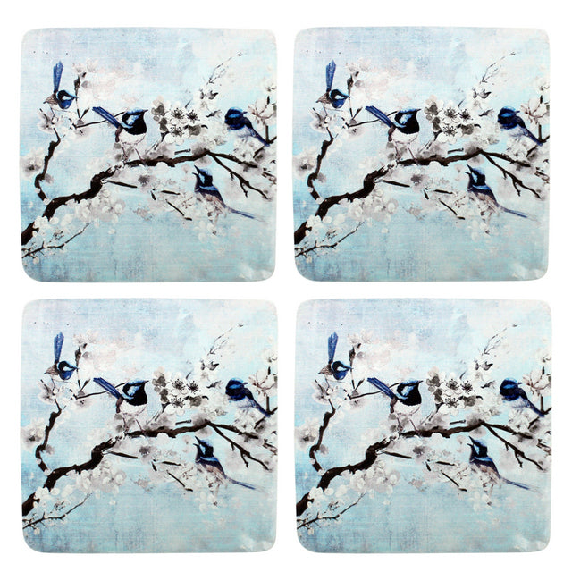 S/4 Fairywren Branch Resin Coasters 10x10cm 10x10 cm